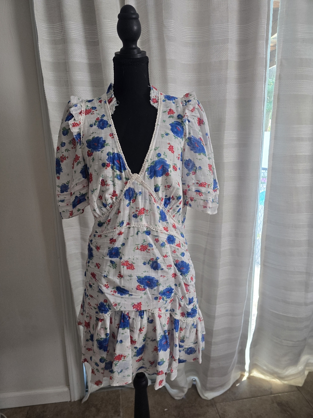 LoveShackFancy White Floral V-Neck Tiered Dress with Blue & Red Blooms